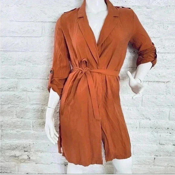 Bershka Belted Orange  Mid Length Light Trench Coat with Button Up Sleeve-XS - Picture 2 of 12